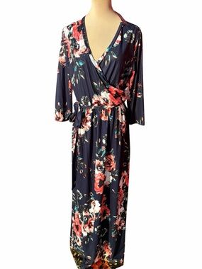 Navy Floral Wrap Maxi Dress Long Sleeve Boho Wedding Guest Fall Dress XL